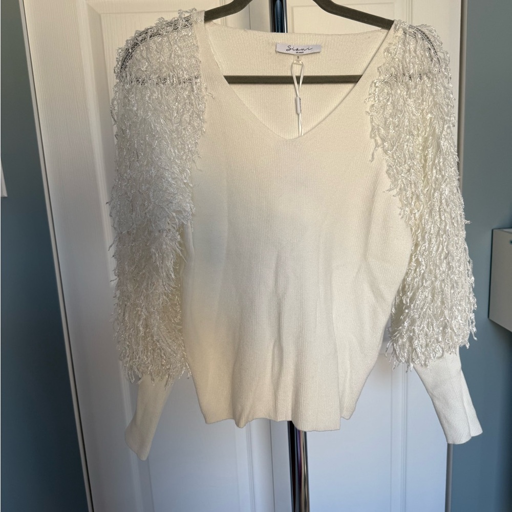 White Sweater with Textured Sleeves